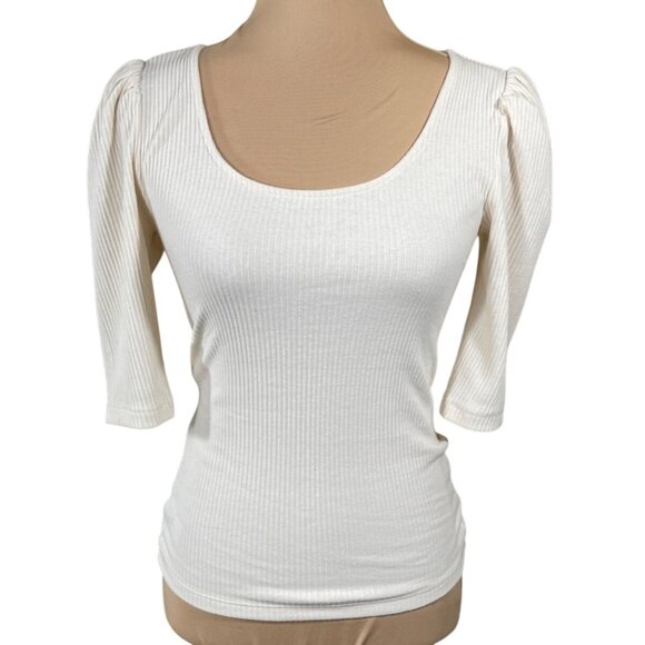 Loft Outlet Ribbed Top Size S Small Cream Scoop Neck Puff Sleeve - Picture 1 of 5